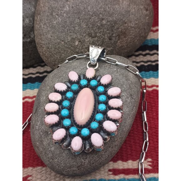 Sterling Silver Pink Conch Shell Turquoise Cluster Medallion Pendant Necklace - Picture 1 of 8
